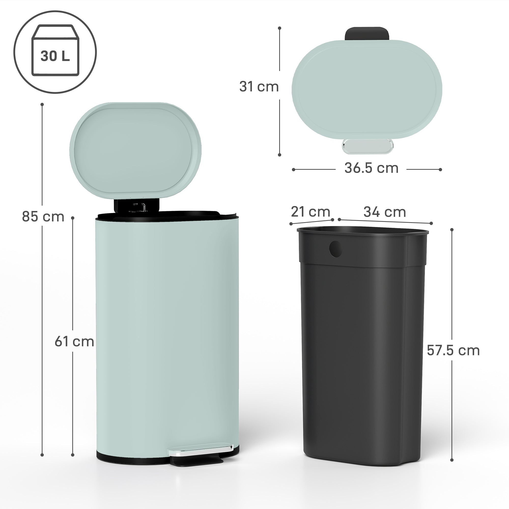30 L Modern Curved Kitchen Bin - Green