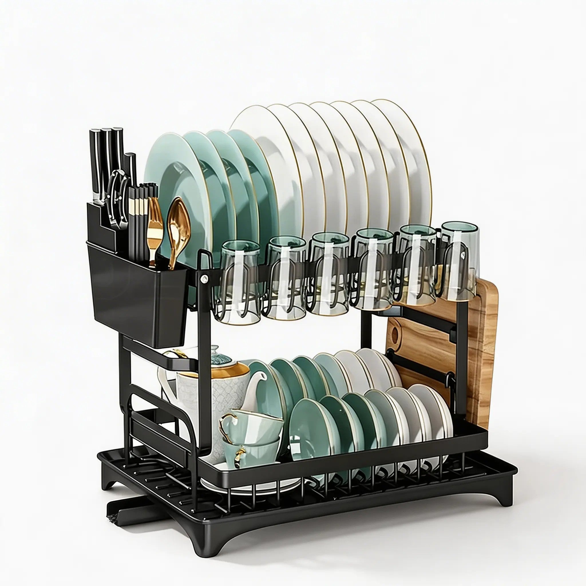 2 Tier Dish Drainer Rack with 360° Swivel Spout