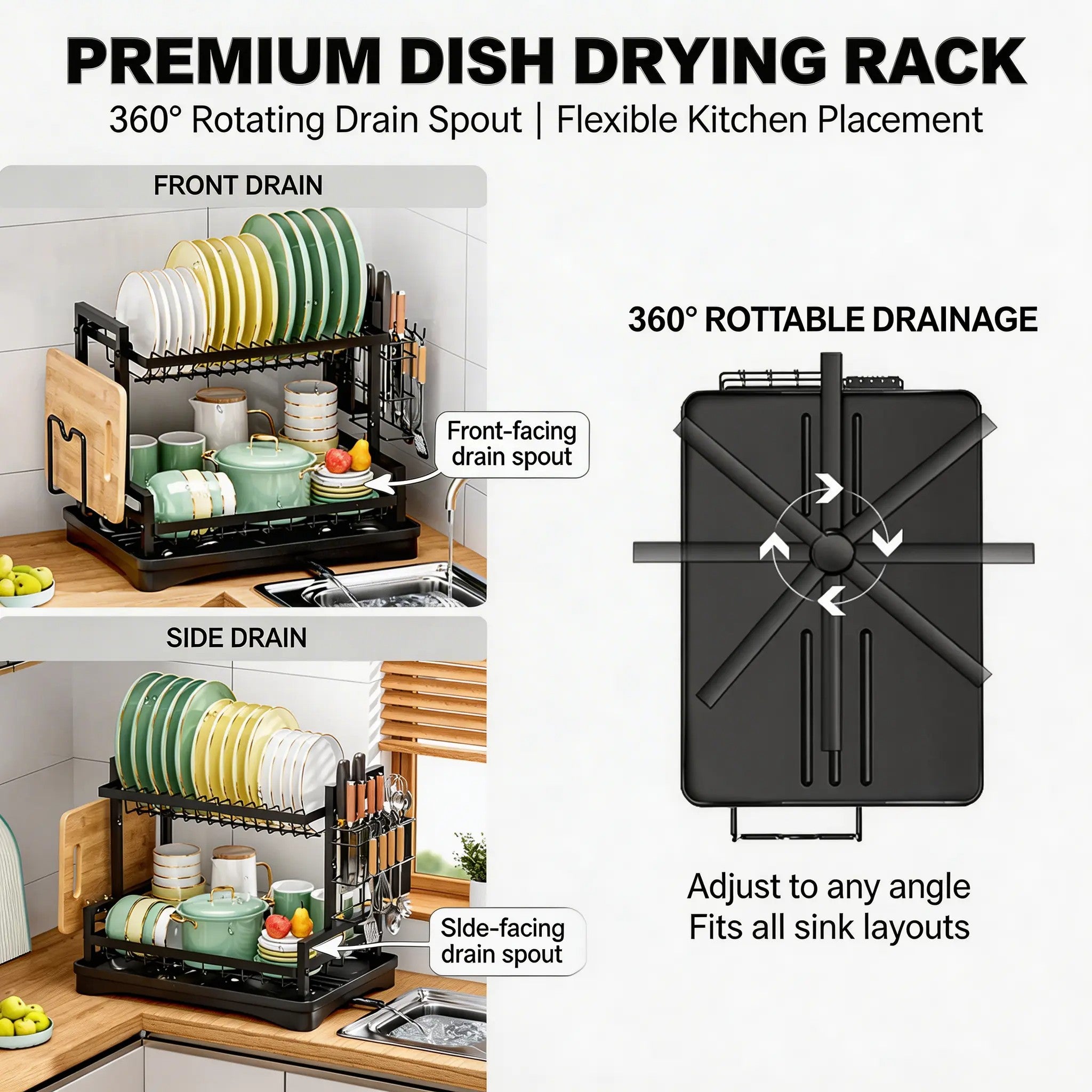 2 Tier Dish Drainer Rack with 360° Swivel Spout
