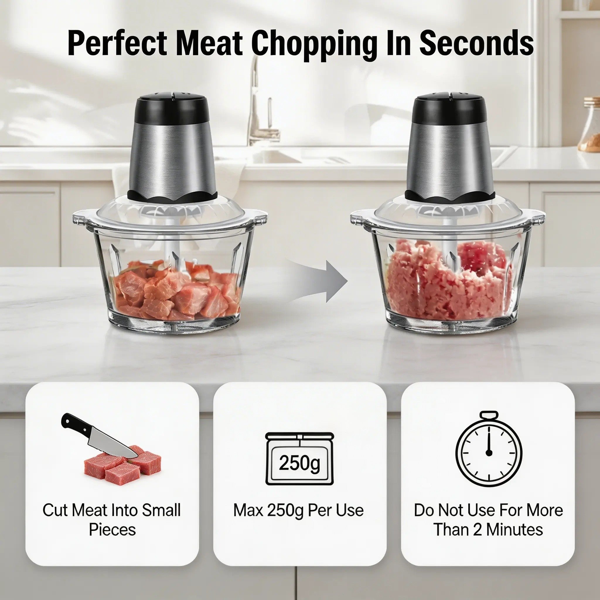 300W Electric Meat Chopper – 2L Glass Bowl, 4 Stainless Steel Blades