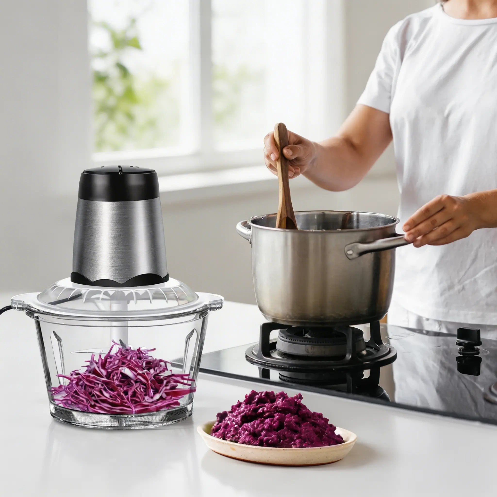 300W Electric Meat Chopper – 2L Glass Bowl, 4 Stainless Steel Blades