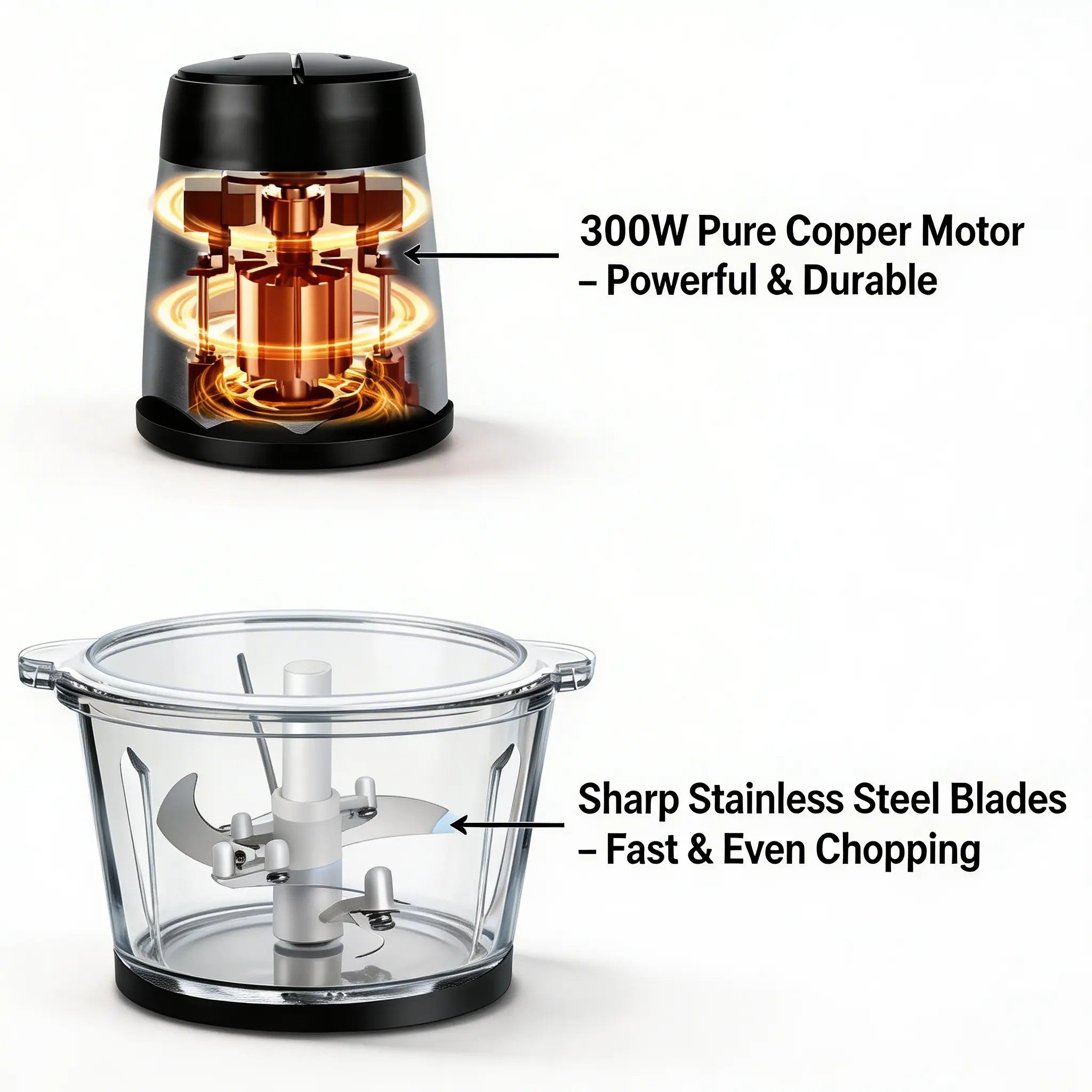 300W Electric Meat Chopper – 2L Glass Bowl, 4 Stainless Steel Blades